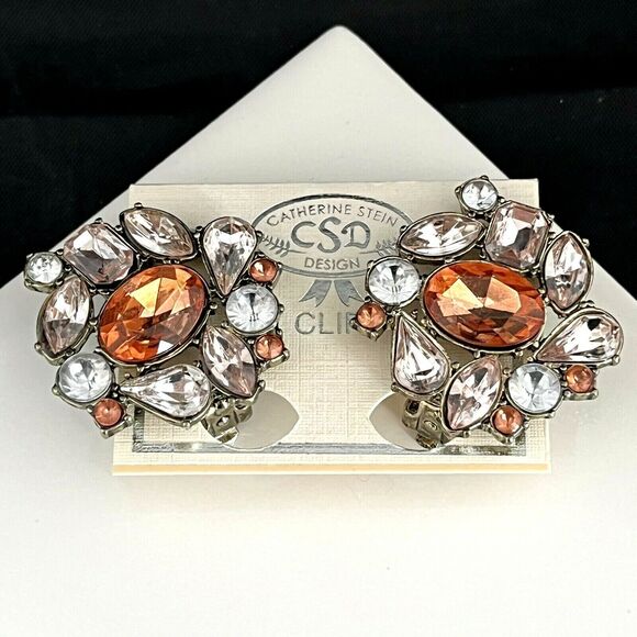 Catherine Stein Designer Earrings Gold Tone Orange Crystal Accents Clip On 12R - Picture 4 of 6